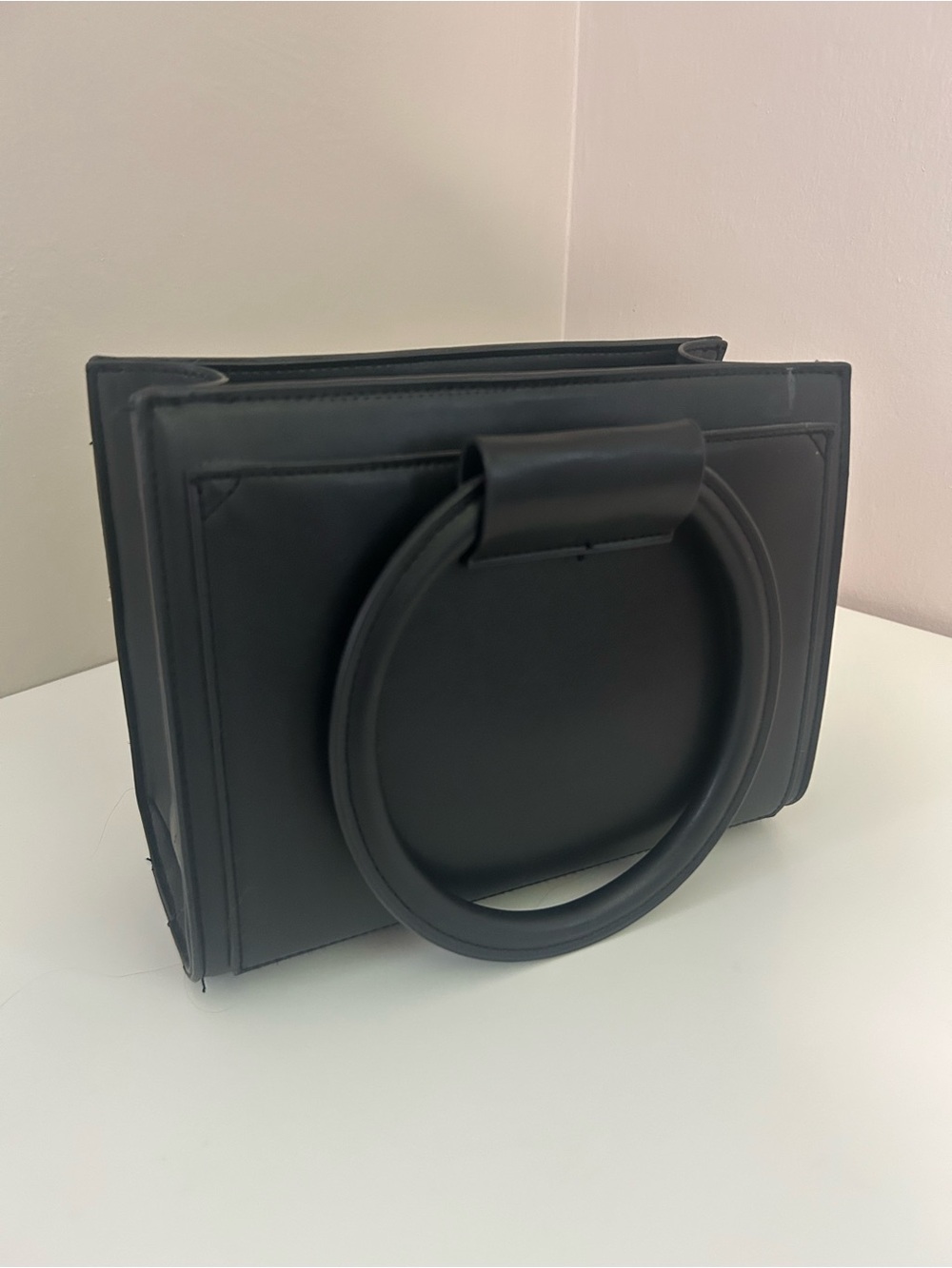 Black Structured Ring Handle Bag with detachable and removable strap